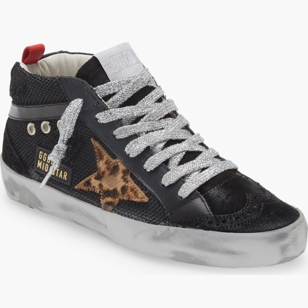 Golden Goose Mid Star Sneakers Black/Silver/Leopard - Size 38